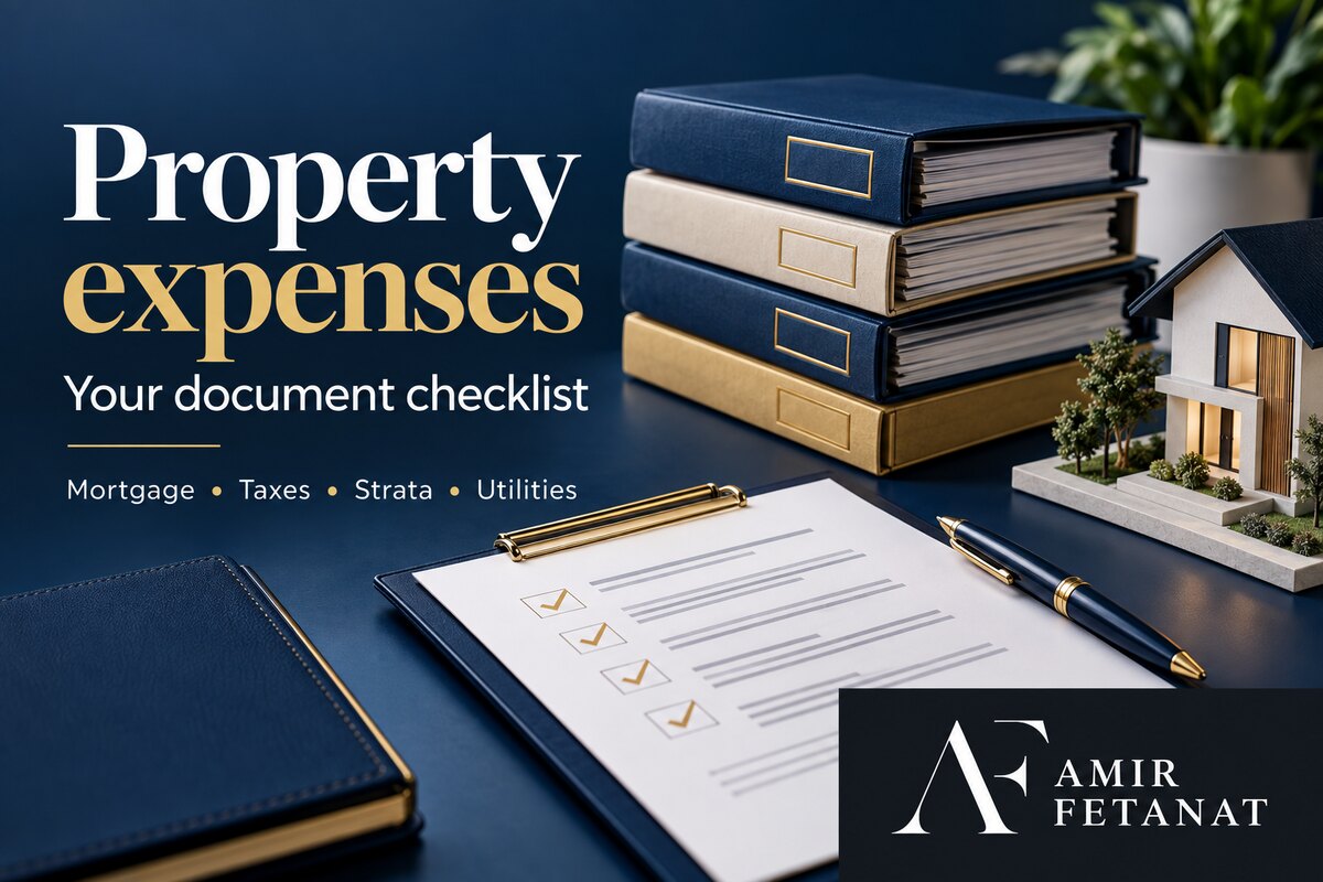 Organized property folders, a checklist and a model home, with Amir Fetanat branding.